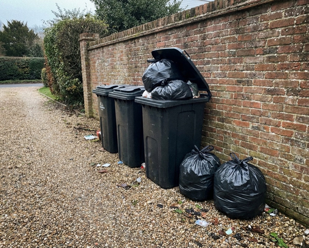 Overflowing wheelie bins in Aldingbourne needing private collection